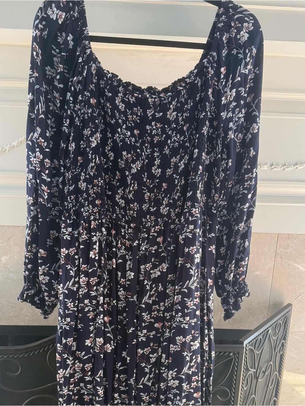 Navy Floral Maxi Dress with Smocked Bodice/ Flowy 2x